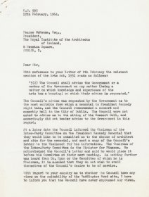 Letter from Mervyn Wall, Secretary of the Arts Council to Pearse MacKenna, RIAI. (Page 1 of 2)